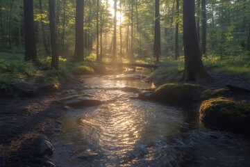 Obraz premium Golden sunrise illuminating forest stream and trees
