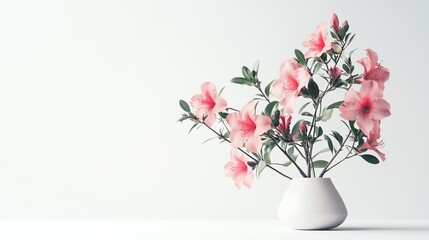 Beautiful pink flowers in a minimalist vase against a soft white background.