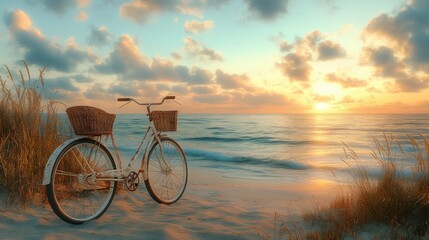 Serene bicycle at beach with sunset sky and ocean waves