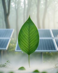 Fototapeta premium Vibrant green leaf with solar panels in a serene natural setting