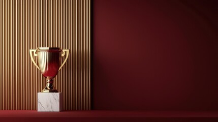 Celebrating achievement golden trophy on elegant red background