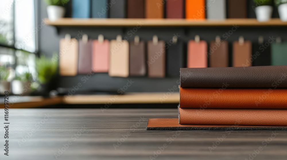 Poster collections of textured leather swatches in a modern design studio with colorful background display