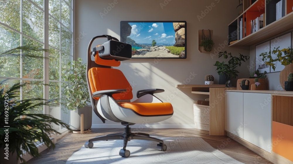 Poster a stylish home learning space with an ergonomic chair and virtual reality gear, representing the fus