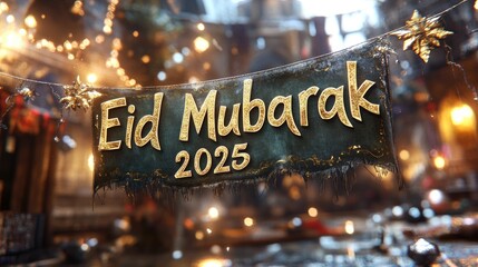 A tattered banner with "Eid Mubarak 2025" in gold lettering hangs in a festive market scene. Ideal for Eid greetings and social media.
