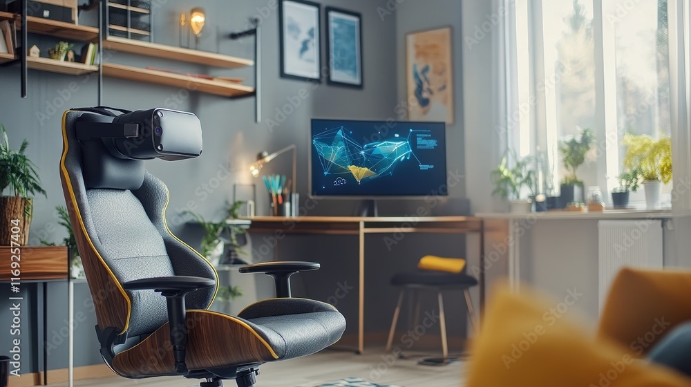 Poster a stylish home learning space with an ergonomic chair and virtual reality gear, representing the fus