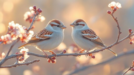Fototapeta premium Sparrows in bloom: two birds on cherry blossom branch in soft evening light
