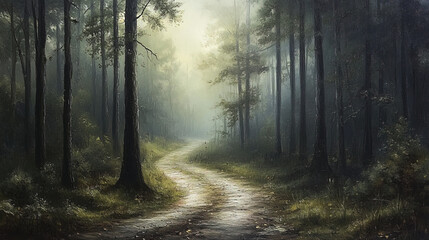 Obraz premium serene misty forest path winding through tall trees creates tranquil atmosphere