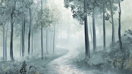 Obraz premium serene misty forest path winding through tall trees creates tranquil atmosphere