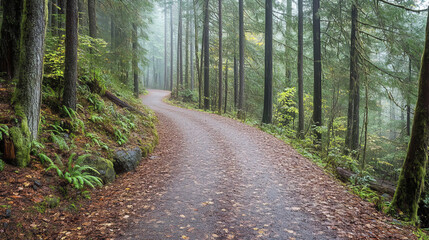 Fototapeta premium serene misty forest path winding through tall trees and fallen leaves