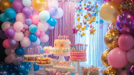 Colorful party decorations with cake and balloons for celebration.