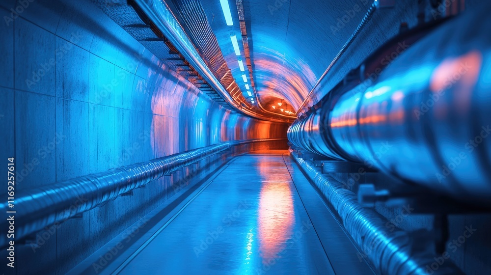 Poster A surreal underground space with glowing pipes and a soft blue light, creating a mysterious and atmospheric industrial environment.