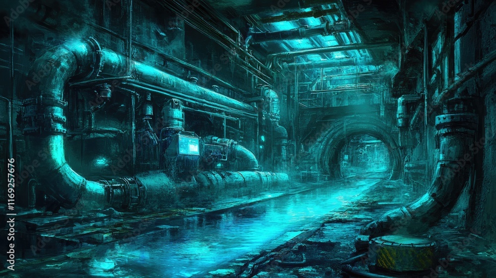 Poster a surreal underground space with glowing pipes and a soft blue light, creating a mysterious and atmo
