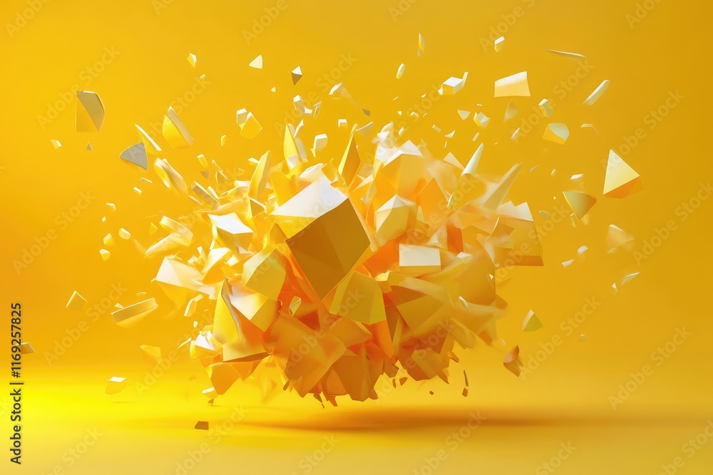 Poster abstract 3d composition featuring a fragmented geometric explosion, radiating dynamic energy.