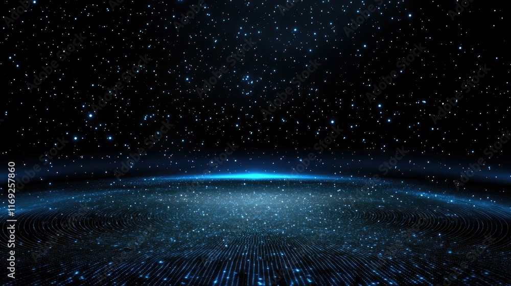 Poster glowing blue lines and numbers stretch across a dark background, creating an immersive digital techn