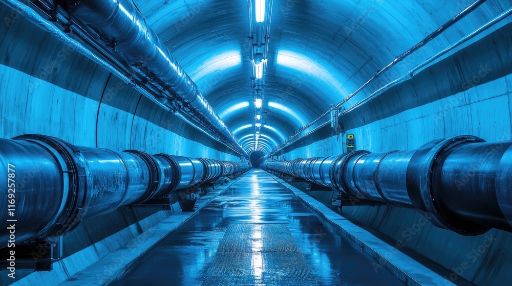 Poster a surreal underground tunnel with glowing pipes and a mysterious ambiance, illuminated by soft blue 