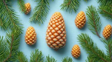 Fototapeta premium Flatlay of pine cones and branches on blue.