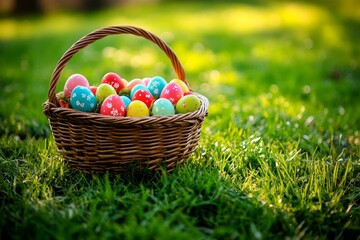 Fototapeta premium Easter Basket Filled with Colorful Eggs in Grass