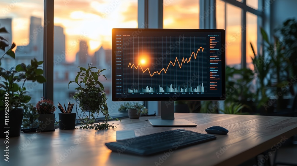 Poster sunset office scene with computer screen showing financial graphs