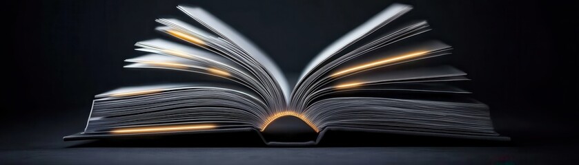 A beautifully illuminated open book with pages in motion, set against a dark background, symbolizing knowledge and imagination.