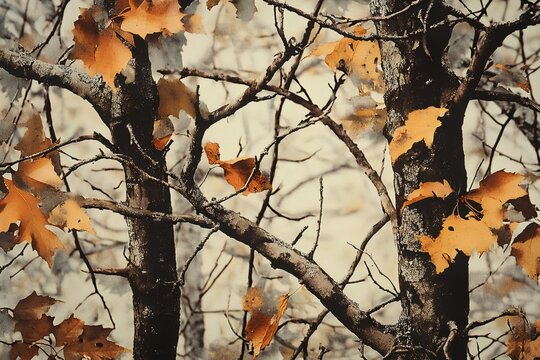 Camouflage pattern showing maple leaves and branches in autumn