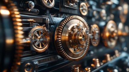 Intricate arrangement of golden gears showcasing mechanical craftsmanship and engineering design