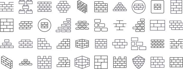 Building Line Icon Set. Brick Wall Outline Signs for Graphic and Web Design, Apps, Adverts, Various Cards