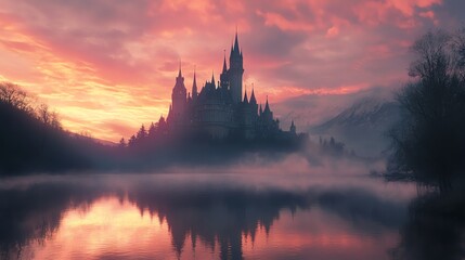 Majestic castle silhouette at sunset, reflected in serene waters.