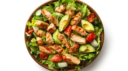 healthy and delicious chicken avocado salad bowl nutritious meal isolated on white background top view