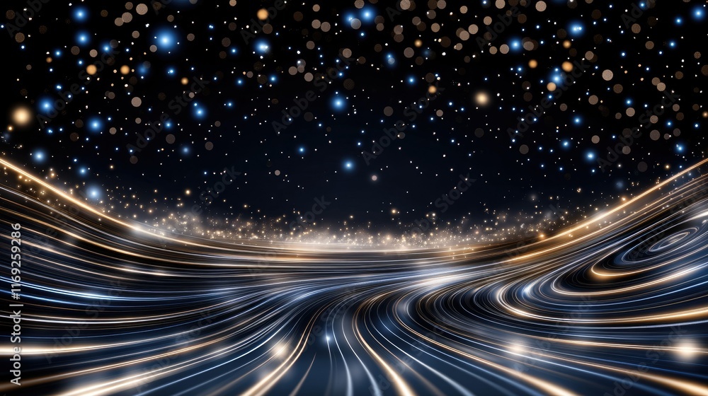 Poster glowing blue lines and numbers stretch across a dark background, creating an immersive digital techn