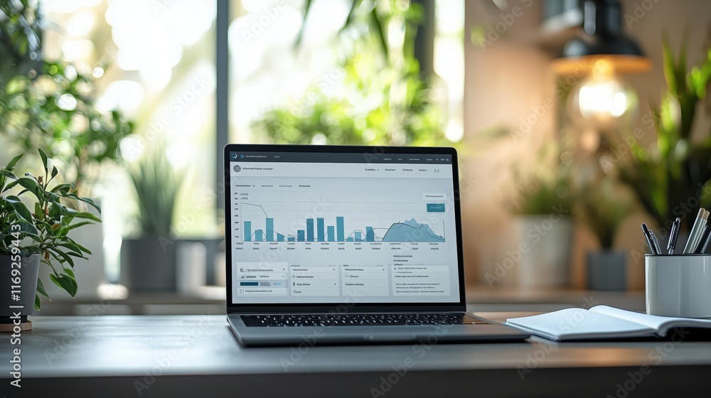Poster modern laptop displaying data analytics in bright office environment