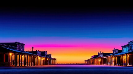 Fototapeta premium Sunset Over Abandoned Ghost Town Streets with Colorful Skies and Vintage Western Buildings in Twilight