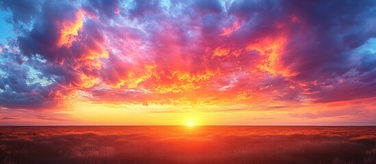 Vibrant sunset over a calm field.
