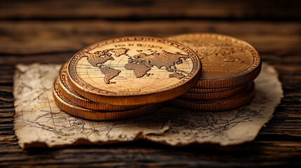 Gold coins with world map on old paper
