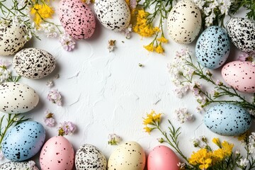 Obraz premium Colorful Easter Eggs and Flowers Frame on White Background