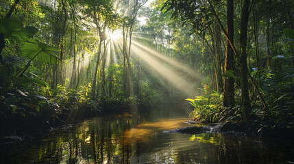Obraz premium serene Amazon rainforest view with sunlight filtering through trees