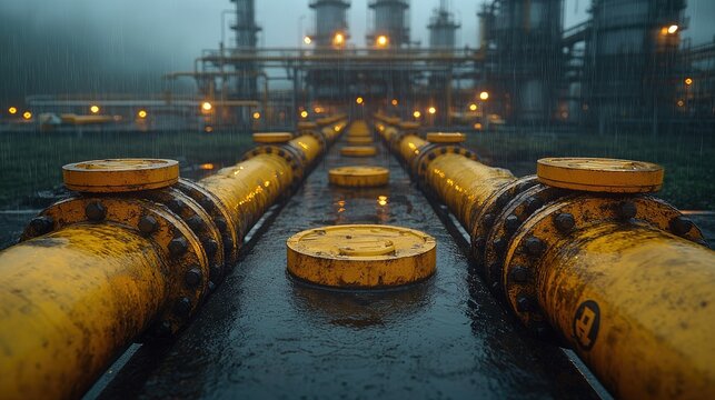 Yellow pipelines leading to refinery in misty conditions.