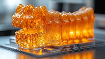 Transparent orange gummy candy shaped like a dinosaur jaw.
