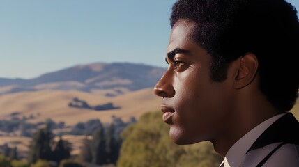 A film still of 1980s silicon valley companies. close up of a biracial man staring at companies and Hills are seen in the distant background