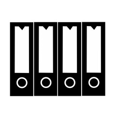 Neatly arranged office document binder files isolated on white background. Flat style black stationery business icon with ring folders illustration.