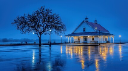 Obraz premium Serene Blue Twilight at Historic Pavilion with Reflections on Wet Pavement and Isolated Tree