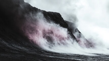 Obraz premium Majestic waterfall with powerful cascading water rushing down a rugged rocky mountain landscape shrouded in atmospheric mist and fog This dramatic remote