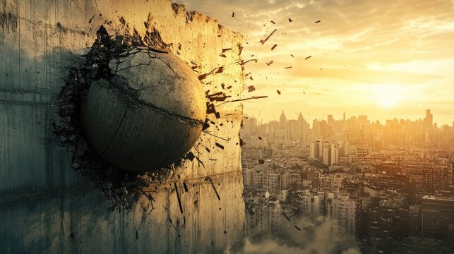 A wrecking ball smashing through a concrete wall with a cityscape in the background, symbolizing demolition and urban transformation.