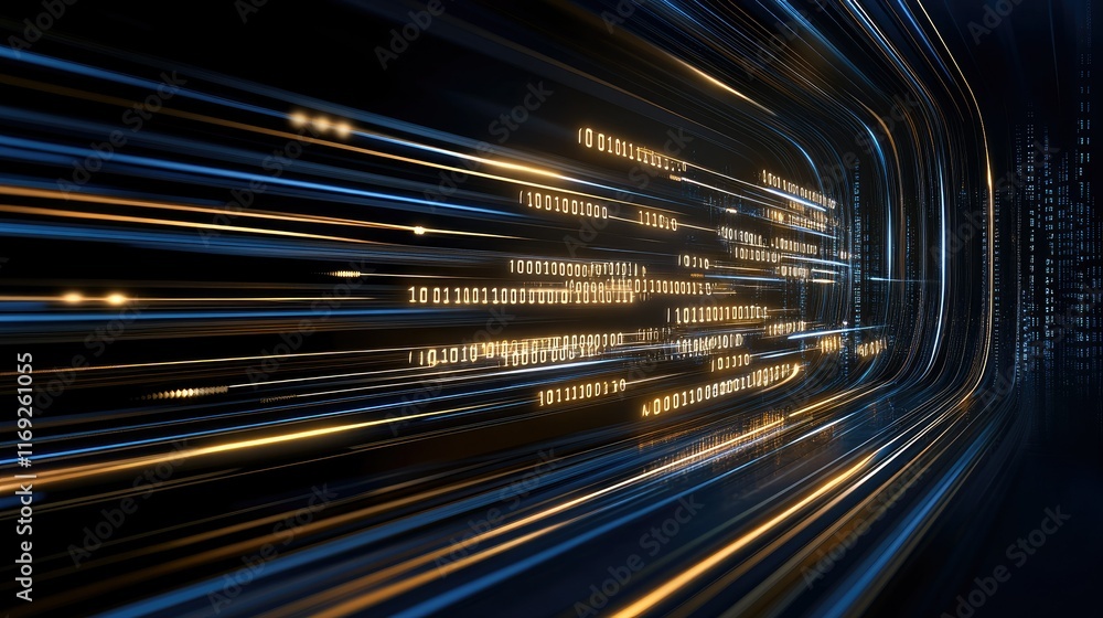 Poster glowing blue lines and numbers stretch across a dark background, creating an immersive digital techn