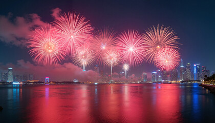 Vibrant fireworks display over city skyline at night, celebration