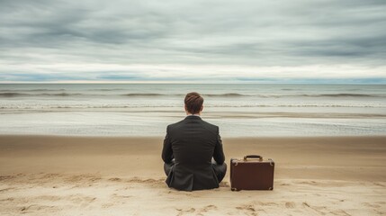 Fototapeta premium Man in Suit with Briefcase Sitting on Beach Facing Ocean Waves