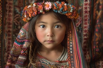 Fototapeta premium A young girl wearing a colorful headband and a long dress