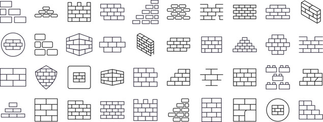 Building Thin Line Icon Set. Brick Wall Outline Signs for Graphic and Web Design, Apps, Adverts, Various Cards