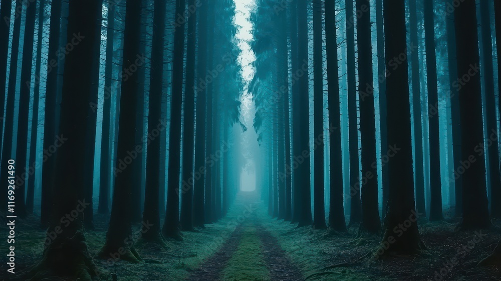 Poster mystical forest pathway surrounded by tall evergreen trees in a foggy and mysterious atmosphere