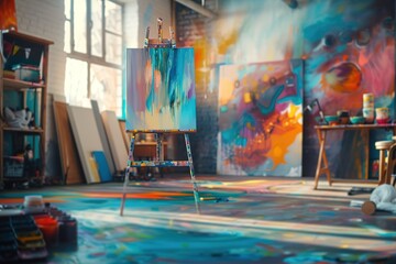 Abstract painting on easel in artist's studio.