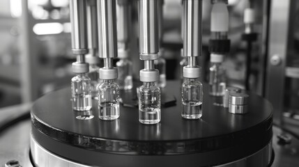 Vials being filled by an automated machine in a pharmaceutical production facility during daylight hours